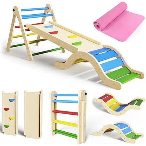 Pikler Triangle Set 7in1 Toddler Toy Indoor Foldable Montessori Climbing Set with Arch, Ramp, Ladder for 1-3 Years, Jungle Gym for Kids Colored