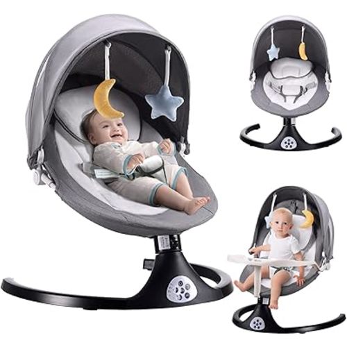 Baby Swing for Infants, 5 Speed Electric Bluetooth Baby Rocker for Newborn, 3 Timer Settings & 10 Pre-Set Lullabies, Portable Baby Swing with Tray and Remote Control for 5-26 lbs, 0-12 Months