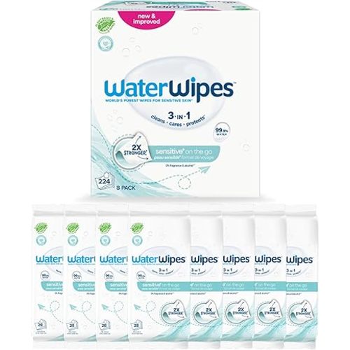 WaterWipes Sensitive+ On The Go Wipes, 3-In-1 Cleans, Cares, Protects, 99.9% Water, Unscented & Hypoallergenic Wet Wipes, 224 Count (8 Packs)
