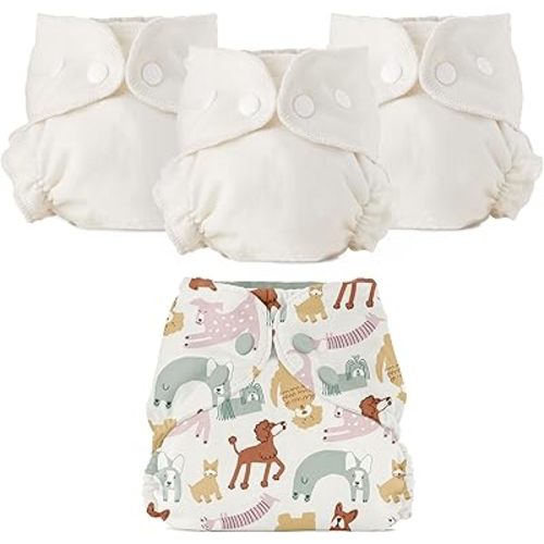 Esembly Cloth Diaper Bundle Set, 3 Organic Absorbent Inners and 1 Waterproof Recycled Diaper Cover, Reusable Washable Diapers with Snap Closure, Size 1 (7-17lbs), Off-Leash