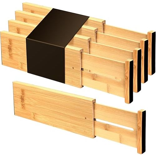 Utoplike Bamboo Dresser Drawer Dividers, 4'' High Adjustable Drawer Organizers for Clothing, Spring Loaded, Works in Kitchen, Bathroom, Bedroom, Drawer, Desk, 4 PCS