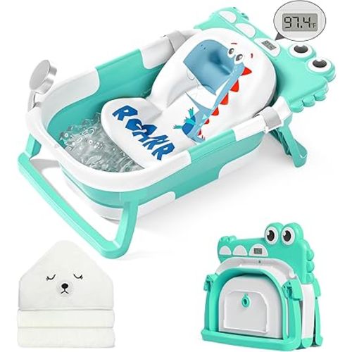 MoreFeel Collapsible Baby Bathtub for Newborn with Thermometer & 1 Hooded Towel & 1 Soft Floating Cushion,Portable Travel Bathtub with Drain Hole, Durable Foldable Baby Tubs for Infants to Toddler