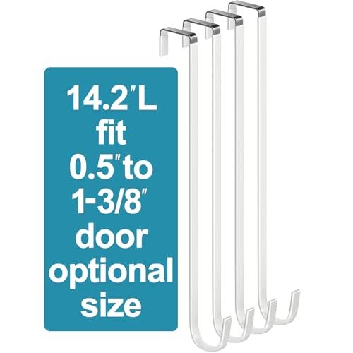 Mars-Rock Over The Door Metal Hooks with Plastic Coating 14.2" Fit 0.5" to 1 3/8" Door 4 Pcs Heavy Duty Single Towel Robe Rack Wreath Bathroom Shower Hanger Shoe Organizer Ironing Board Long White