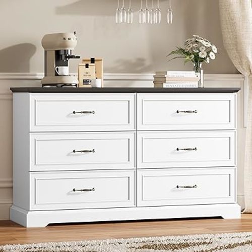 Thacuok 6 Drawer Dresser for Bedroom, 53" Wide Wooden Chest of Drawers, Rustic Farmhouse Dresser with Large Drawers & Metal Handles, Modern Storage Organizer for Closet, Living Room, Hallway, White