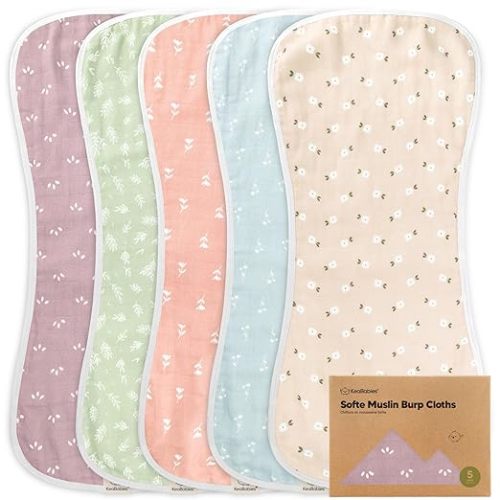 5-Pack Muslin Burp Cloths Baby Boy, Girl - Very Absorbent Baby Burp Cloth Rags, 8-Layers Viscose Derived from Bamboo Cotton Muslin Towel, Super Soft Spit Up Rags, No Shrink Washcloths (Blooms)