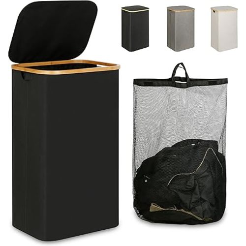 iEGrow Laundry Hamper with Lid, 110L Large Laundry Hamper with Handle and Lid, Collapsible Clothes Basket Organizer with Removable Inner Bag for Clothes Towels - Black