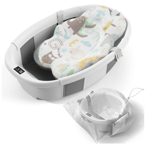 Collapsible Baby Bathtub - Large Baby Bath Tub with Thermometer & Cushion | Travel Portable Newborn Infant Bathtub | Foldable Toddler Bathtub for Baby 0 to 36 Months (Grey)