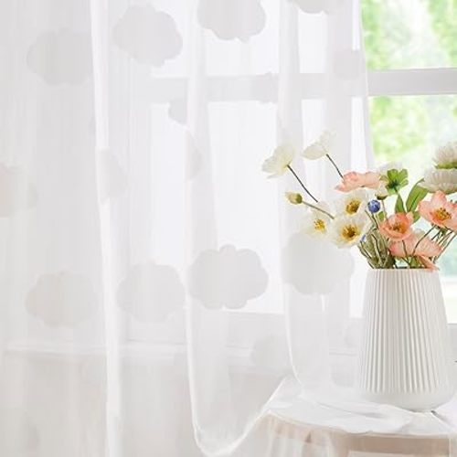 White Lace Sheer Curtains for Living Room Elegant Cloud Pattern Semi Sheer Window Curtains for Home Decor Light Filtering Privacy Airy Drapes for Bedroom with Grommet Top, 55" W x63 L, 2pcs