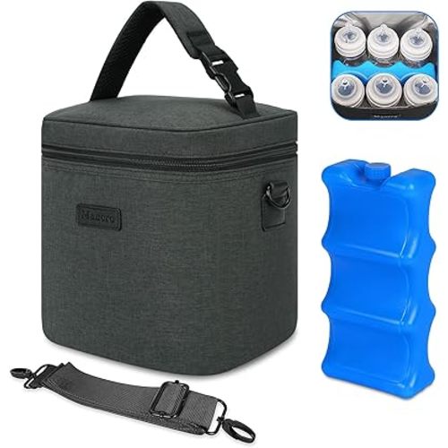 Mancro Breastmilk Cooler Bag with Ice Pack, Insulated Bottle Bag for 6 Baby Bottles (Up to 9 Ounce) with Shoulder Strap for Nursing Moms on the Go or Daycare, Dark Grey