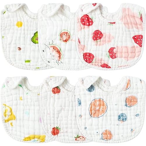 Zainpe 6Pcs Snap Muslin Cotton Baby Bibs Strawberry Lemon Avocado Pattern Infants Feeding Bib Adjustable Machine Washable Unisex Burp Cloths with 6 Absorbent & Soft Layers for Drooling and Teething