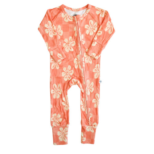 Pink Hibiscus Ribbed Bamboo Zip Romper