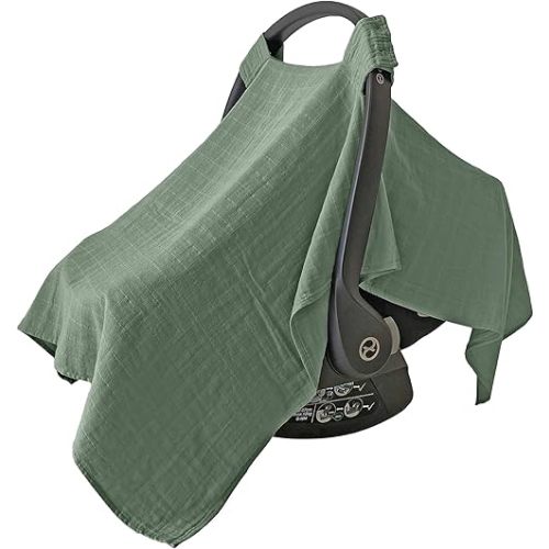 MOZAH 100% Organic Muslin Carseat Cover Boy or Girls Muslin Car Seat Cover Car Seat Cover for Babies (Roman Green)