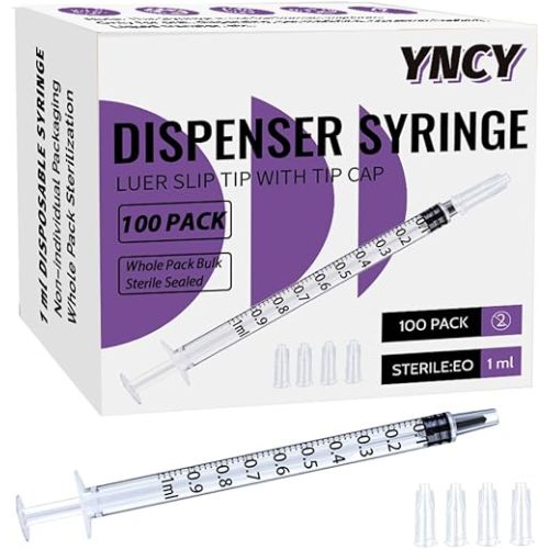 1ml Sryinge with Cap, Luer Slip Tip, Whole Pack Bulk Sterile Sealed, No Needle (100 pcs, 1ML)