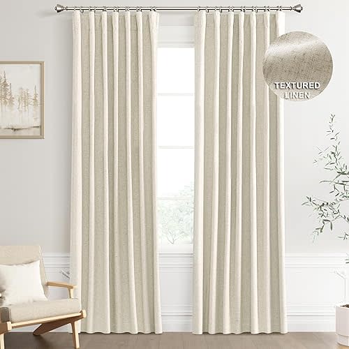 Joywell 100% Blackout Linen Curtains 84 Inches Long, Rod Pocket,Back Tab,Hook Belt,Clip Rings, Darkening Thermal Insulated Burlap Boho Drapes for Bedroom Living Room 7 FT (2 Panels,52 x 84,Linen)