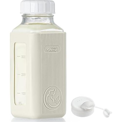 Syntic 1 Pack 16 Oz Glass Milk Storage Bottle with Airtight Lid & Pour Spouts, Milk Storage Containers for Fridge with Clear Scales - Milk Collection Bottles with Gray Protective Case