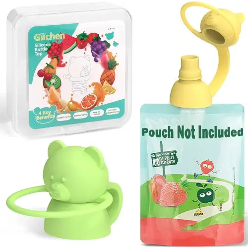Soft Sip Food Pouch Topper - Food Grade Silicone Pouch Tops for Baby Prevent Spills, Led Weaning, Self Feeding, Protects Childs Mouth, BPA Free Food Pouch Lids - 2 Pack (Green Yellow)