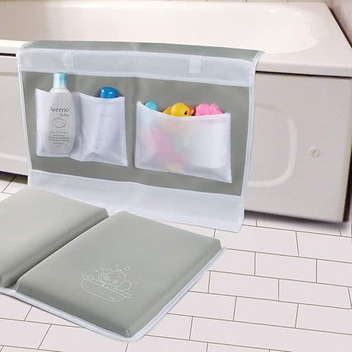 Bath Kneeler and Elbow Rest Pad Set - 1.5" Thick Bath Kneeling Pad with Toy Organizer - Large Safty Kneeler Mat for Tub Bathing and Bathroom Time - Detachable and Foldable Child Bath Tub Mat - Gray