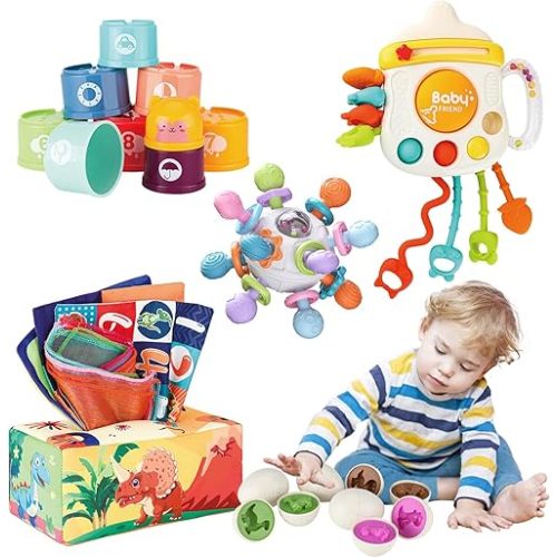 Baby Toys Bundle 5 in 1 Montessori Sensory Toy for Baby 6 12 Months, Dinosaur Matching Eggs, Tissue Box Toy, Pull String, Infant Teething Toys, Stacking Cups Toy Gift for Babies Toddlers