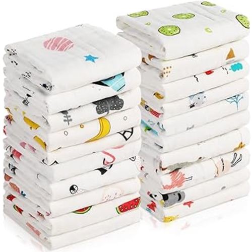 20 Pack Muslin Baby Burp Cloths Large 20 x 10 Inches Cotton Baby Burp Rags Baby Towel and Washcloths Face Towels 6 Layers Super Absorbent for Baby Infant Shower,20 Styles