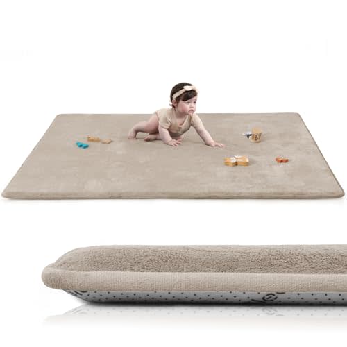 Huloo Sleep Baby Play Mat for Floor,1.3" Thick Elasti-Foam 50"×74" Playpen Mat for Tummy Time,Water Repellent Soft Coral Velvet for Toddler,Infant,Kids,Non-Slip Backing Safe for Crawling(Beige)