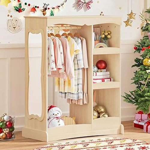 Kids Dress Up Storage with Flower Mirror, Open Hanging Closet Wardrobe for Children, Kids Armoire & Costume Organizer for Bedroom Playroom,Wood Color
