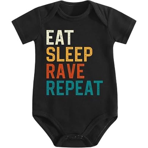 Baby Romper,Eat Sleep Rave Repeat,Playful Cartoon Element Stretchy Long‑Lasting Wear