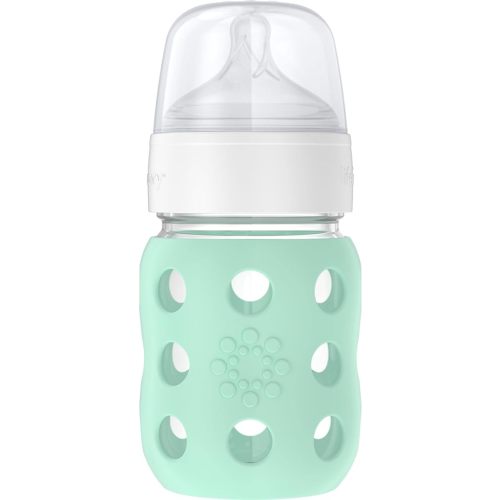 Lifefactory 8-Ounce Wide Neck Glass Baby Bottle with Protective Silicone Sleeve and Stage 2 Nipple, Mint (LG2211WMI4)
