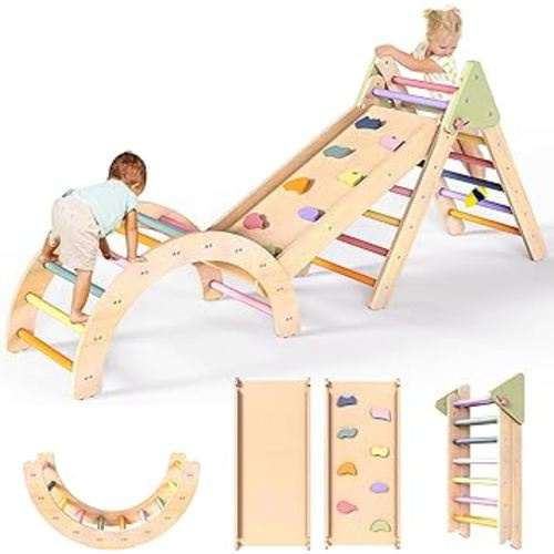 Kids Pikler Triangle Set Climbing Toys for Toddlers 1-3 Inside, Toddler Climbing Toys Indoor Foldable Montessori Climbing Set- Arch Ramp Slide Ladder