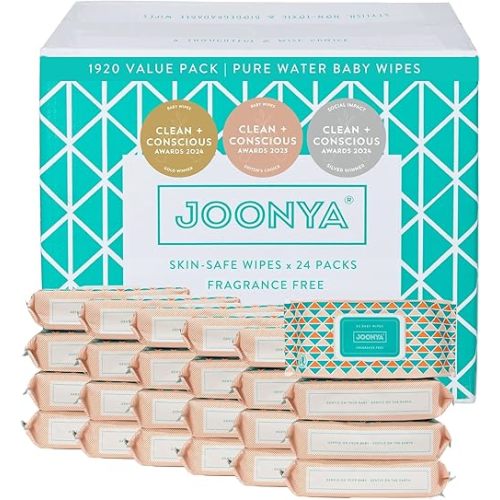 Joonya Baby Wipes - Non-Toxic, Earth-Friendly Baby Wipes for Calm, Healthy Skin - Fragrance Free - 24 Packs of 80 Bulk Diaper Wipes (1920)