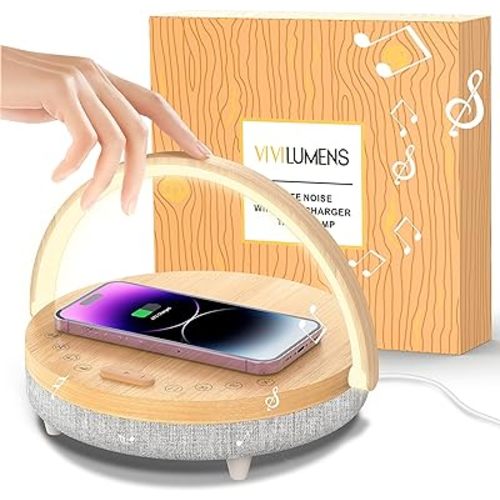 Vivilumens Bedside Lamps with Wireless Charger for Bedroom, Touch Modern 3 Level Dimmable Table Lamp with White Noise Sound Machine, Bluetooth Speaker, Birthday Gifts for Women Who Have Everything