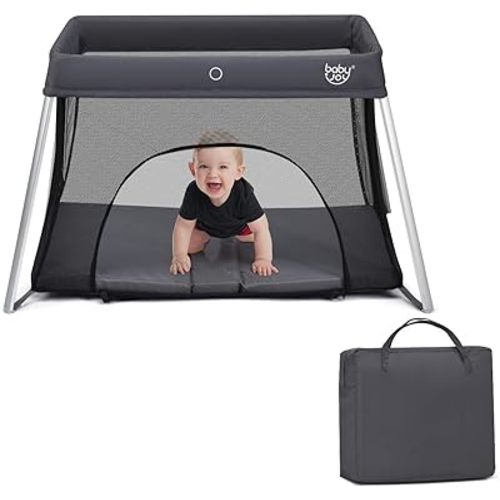 BABY JOY Baby Foldable Travel Crib, 2 in 1 Portable Playpen with Soft Washable Mattress, Side Zipper Design, Lightweight Installation-Free Home Playard with Carry Bag, for Infants & Toddlers (Grey)