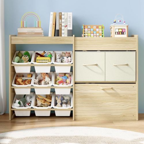 Toy Storage Organizer for Kids, 9-Bin Toy Organizer with 2-Drawers,Movable Toy Chest and Top Rack, Multifunctional Kids Bookshelf and Toy Storage for Living Room, Playroom, Nursery, White