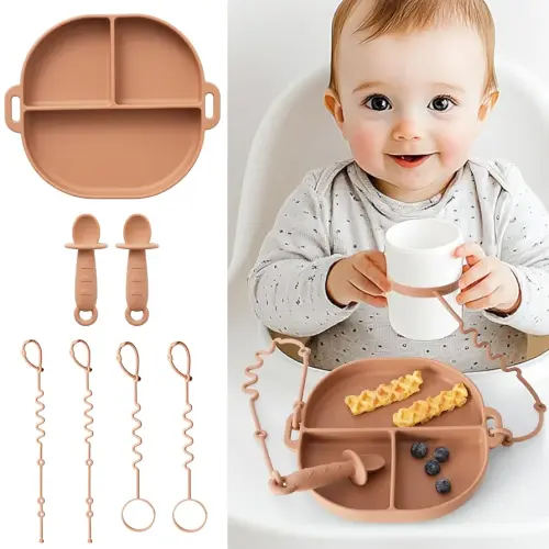 Baby Plates with Suction Silicone Baby Spoons Divided Baby Plates Silicone Baby Safety Toy Straps Baby Bottle Bungees Baby Feeding Set All-in-one-Brown