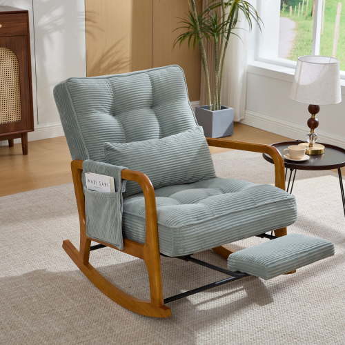Homefun Corduroy Rocking Chair Wood Frame with Footrest Adjustable Back Storage Pocket for Nursery Living Room,Mint Green