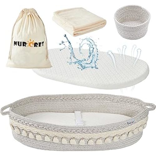 Baby Changing Basket, Foldable Portable Changing Pad, Moses Basket for Newborn, Changing Table Topper for Dresser, Cotton Rope Diaper Caddy for Travel&Nursery, Waterproof Foam Pad Cover, Off-White