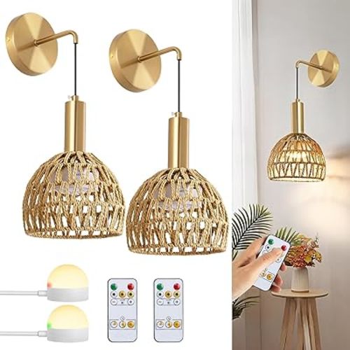 Boho Battery Operated Wall Sconce, Wireless Sconces Set of 2 with Remote, Rattan Upgrade Rechargeable Wall Sconces Set of Two for Bedroom, Living Room, Entryway, 3 Colors Dimmable (Gold)