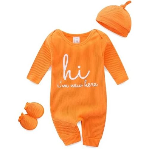 Baby Romper with Baby Mittens & Newborn Hats Footless Long Sleeve Solid Onesie Hi Im New Here