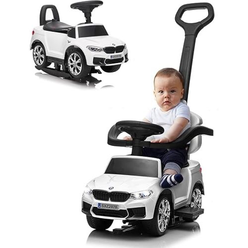 Push Car for Kids, Licensed M5 4-in-1 Push Pedal Ride on Car for Baby, Foot to Floor Sliding Ride-on with Push Bar, Leather Seat, LED Lights, Horn, Foot Rest & Rocking Chair Rails (White)