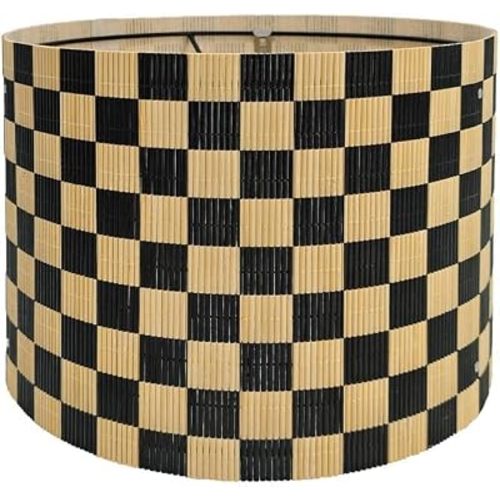 Modern Lamp Shade with Colorful and Natural Checkered Pattern Bamboo Made, Translucent Drum Shape, 11.8 Inch for Table and Floor Lamps, Ideal for livingroom bedroom (Black)