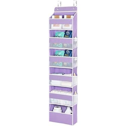 Univivi Over The Door Hanging Organizer with 6 Large Compartments and Mesh Windows, Over The Door Baby Clothes Organizer for Cosmetics, Baby Essentials and Diapers (Purple)