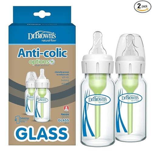 Dr. Brown's Anti-Colic Options+ Narrow Glass Baby Bottle with Level 1 Slow Flow Nipple, BPA-Free, 4 oz/120mL, 2-Pack