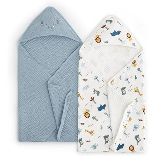 PHF 100% Muslin Cotton Baby Hooded Towels, 2 Pack Bath Towel with Hood for Newborn, Infant, Toddler, Ultra Soft and Absorbent Baby Bath Essentials, Shower Gifts for Boys, 32x32Inch, Woodland