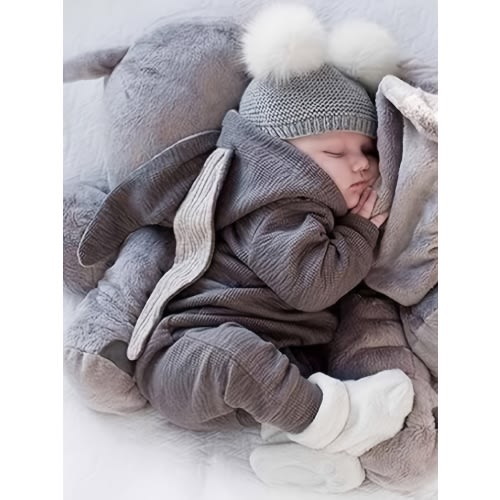 Newborn Baby Long Sleeve Hooded Zipper Jumpsuit With 3D Bunny Ears Kids Clothes