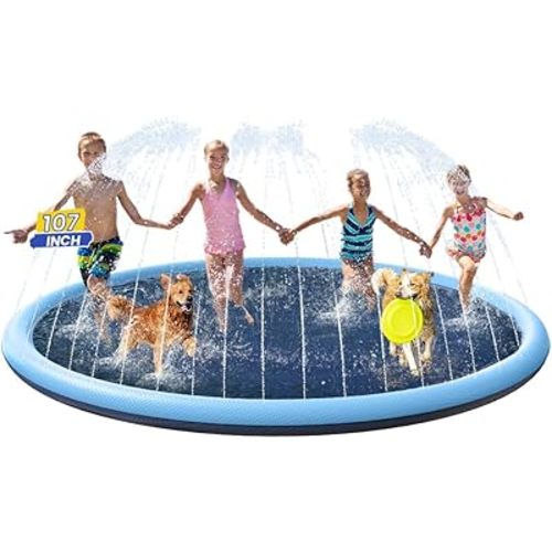 107 inch Splash Pad for Kids, Non Slip Water Sprinkler Pad Extra Large Thick Durable Toddler 4-8 3-5 1-3 Pets & Families, Backyard Splash Play Mat for Kiddie Children Baby Wading Pool Dogs Splash Pad