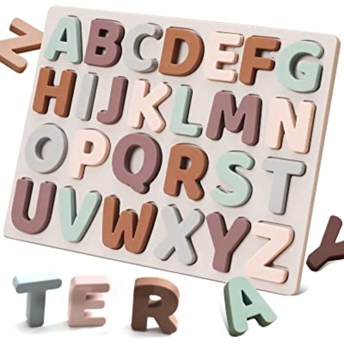 Silicone Alphabet Puzzle, ABC Puzzle Shape Alphabet Toys with Puzzle Board & Soft Letter Blocks for Toddlers, Montessori Preschool Early Education Learning Toy for Boys and Girls