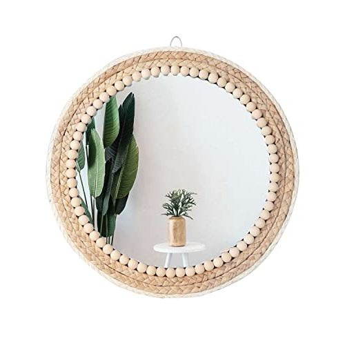 Poeme Boho Wall Mounted Round Mirror - 15 Inch Circle Rattan Decorative Hanging Mirror for Bedroom, Living Room & Bathroom