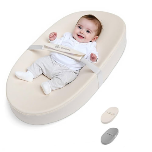 COMOMY Baby Changing Pad with Wipeable & Waterproof PU Cover, Contoured Diaper Changing Pad for Dresser with Non-Slip Safety Belt, Portable and Lightweight, Large Cushioned Foam, Creamy White