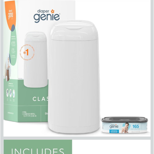 Diaper Genie Classic Pail Includes 1 Starter Square Refill That can Hold up to 165 Newborn-Sized Diapers.