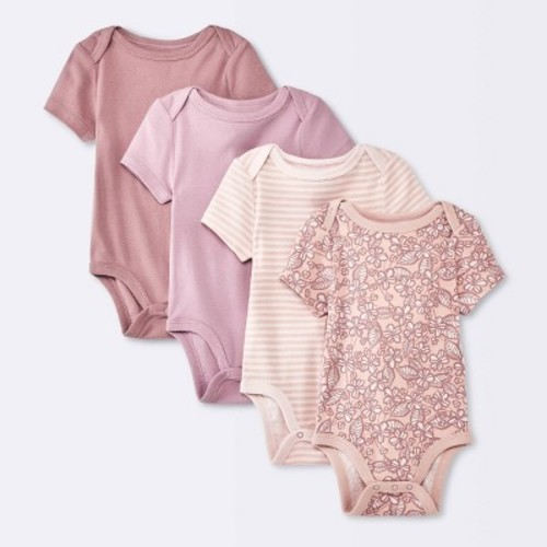 Baby Girls' 4pk Floral Short Sleeve Cotton Bodysuit - Cloud Island™ Pink, Size: 3-6M