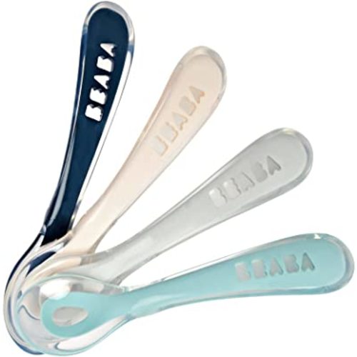 BEABA Toddler’s Self Feeding Silicone Spoons, Toddler Spoons, Baby Essentials, Baby Must Haves, 4 Pack, (Drizzle)